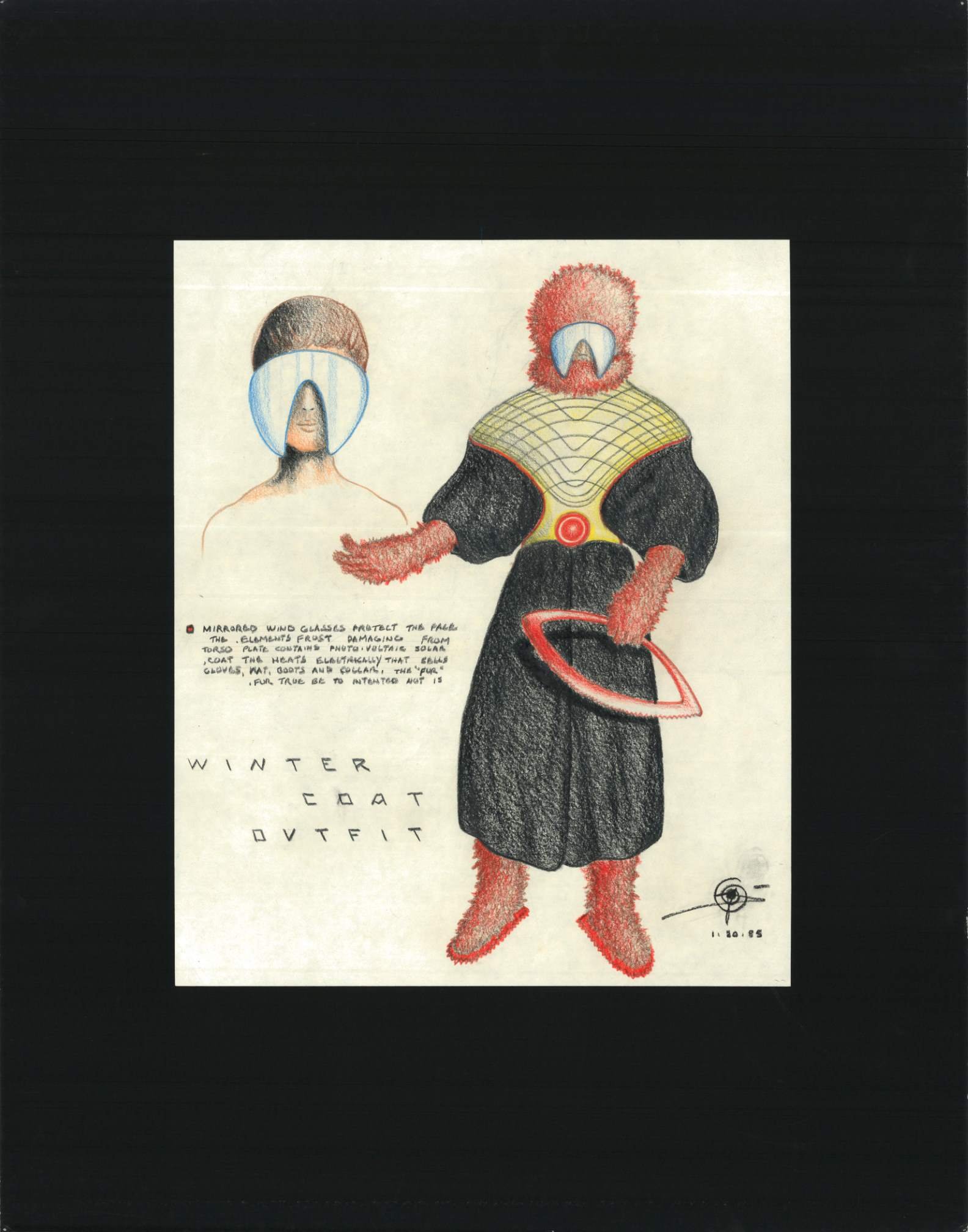 (72dpi) 1218_Winter Coat Outfit UC Berkeley Fine Art Dept. Museum Exhibition Drawing__Clothing Design_Color_22W by 28H_1985-01-20.jpg
