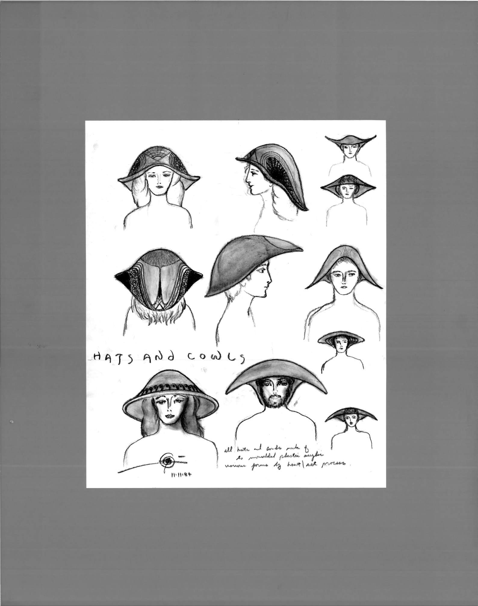 (72dpi) 1243_Hats and Cowls UC Berkeley Fine Art Dept. Museum Exhibition Drawing__Clothing Design_B_W_22W by 28H_1984-11-11.jpg