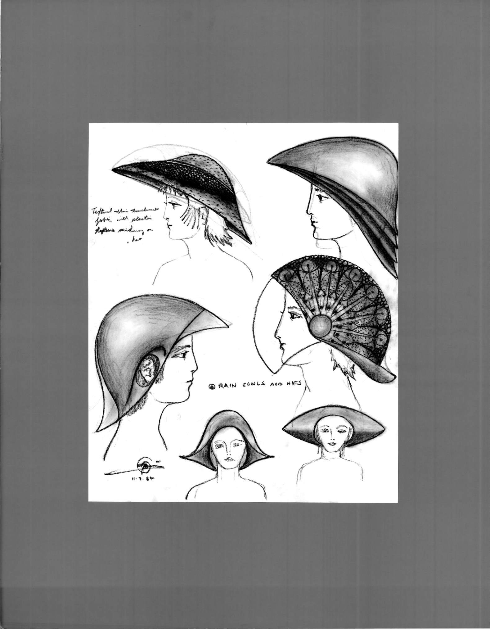 (72dpi) 1201_Rain cowls and Hats UC Berkeley Fine Art Dept. Museum Exhibition Drawing__Clothing Design_B_W_22W by 28H_1984-11-07.jpg
