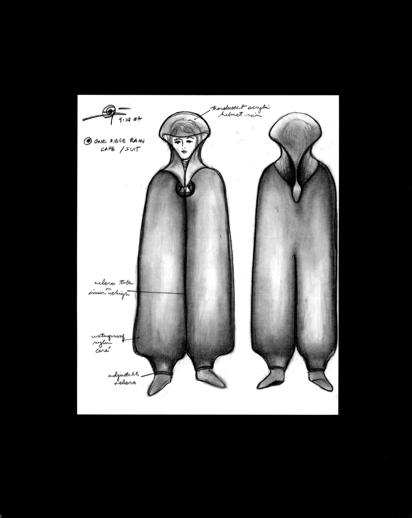 (72dpi) 1234_One Piece Rain Cape and Suit UC Berkeley Fine Art Dept. Museum Exhibition Drawing__Clothing Design_B_W_22W by 28H_1984-09-14.jpg