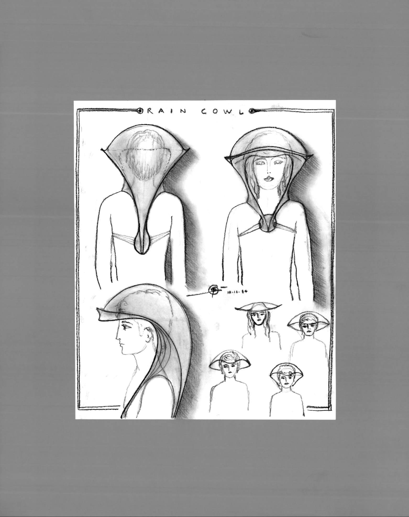(72dpi) 1205_Rain Cowls and Hats UC Berkeley Fine Art Dept. Museum Exhibition Drawing__Clothing Design_B_W_22W by 28H_1984-10-18.jpg