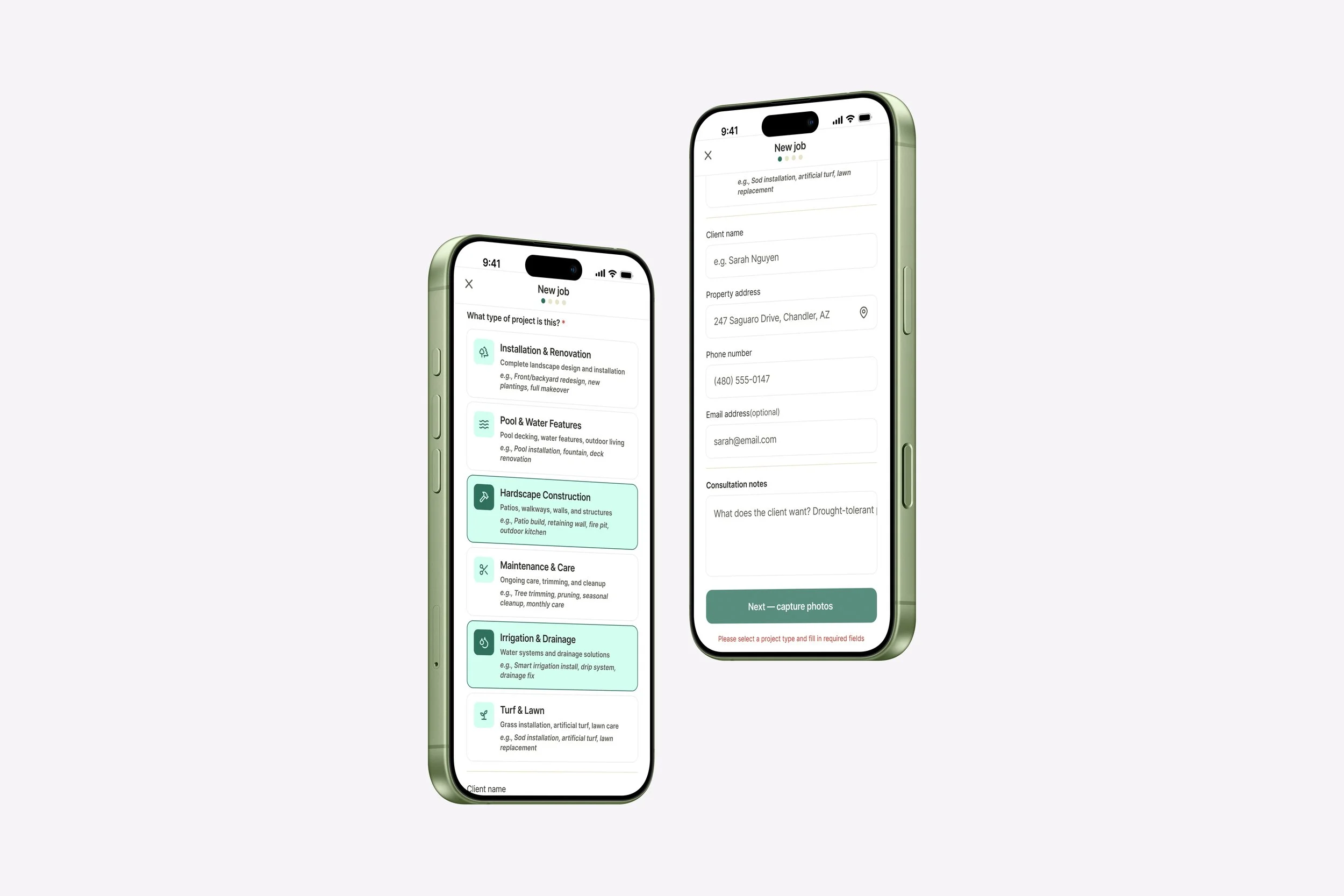 The “new job” flow asks questions about the type of project and client information along with consultation notes to help generate context-specific imagery within the AI-generated proposal.