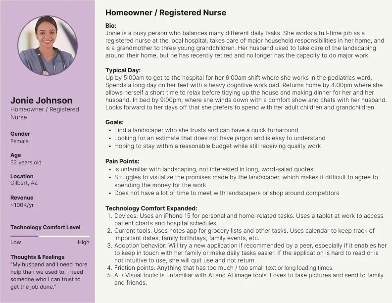 User Persona for Jonie Johnson, an embodiment of the typical landscaping client.