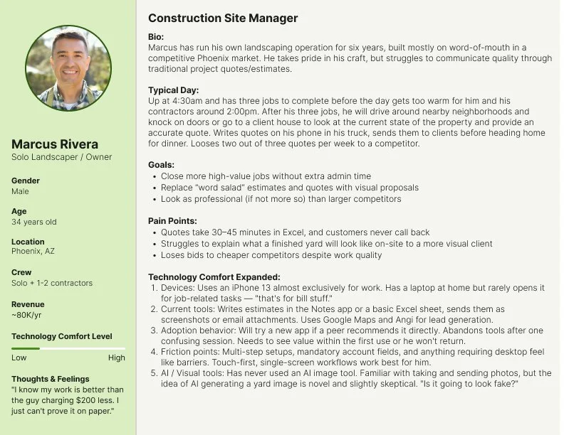 User persona for Marcus Rivera, an embodiment of the typical landscaper in the U.S.