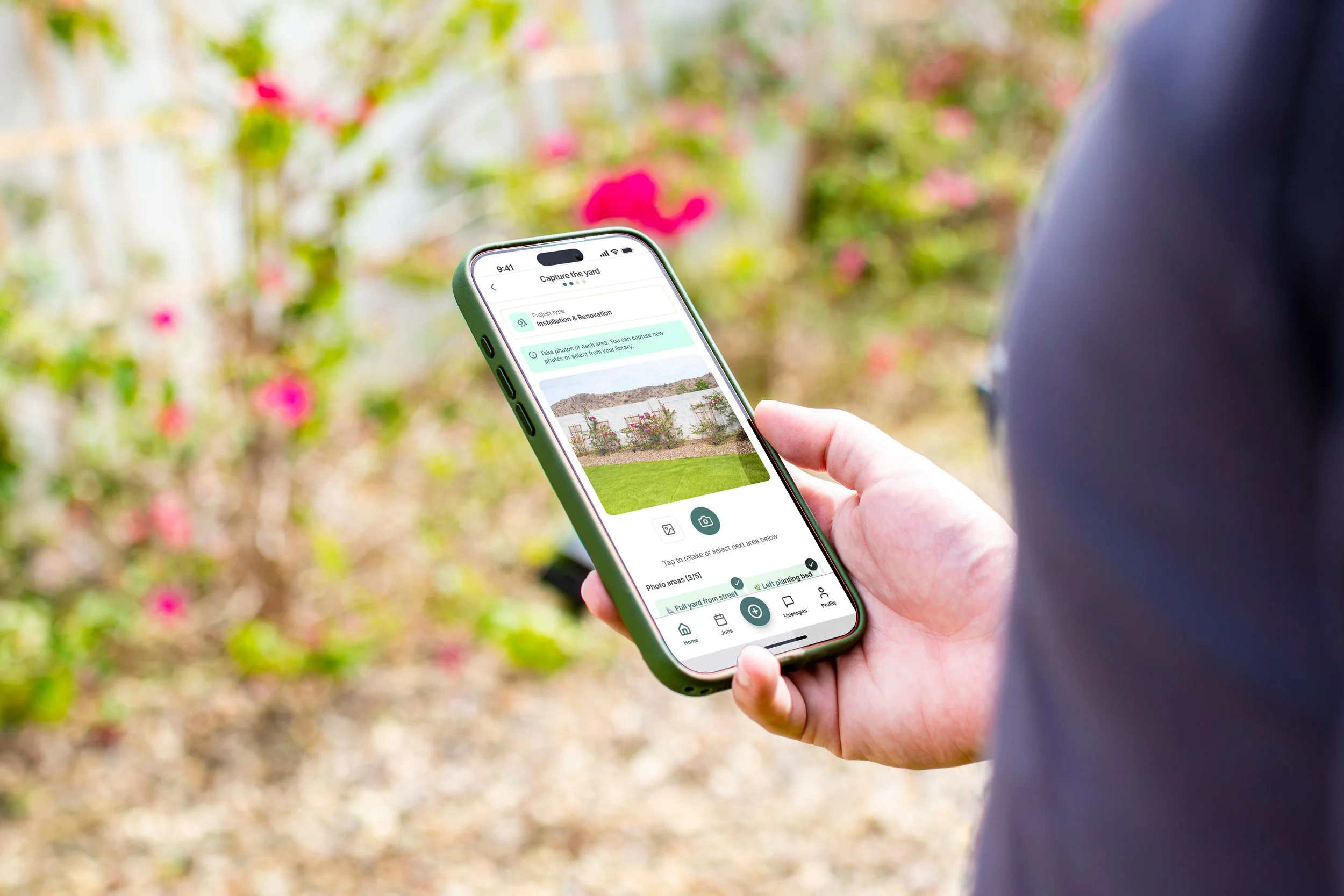 Landscapers can take photos and add notes as they conduct a site walkthrough with their clients to generate context-specific imagery within their proposals.