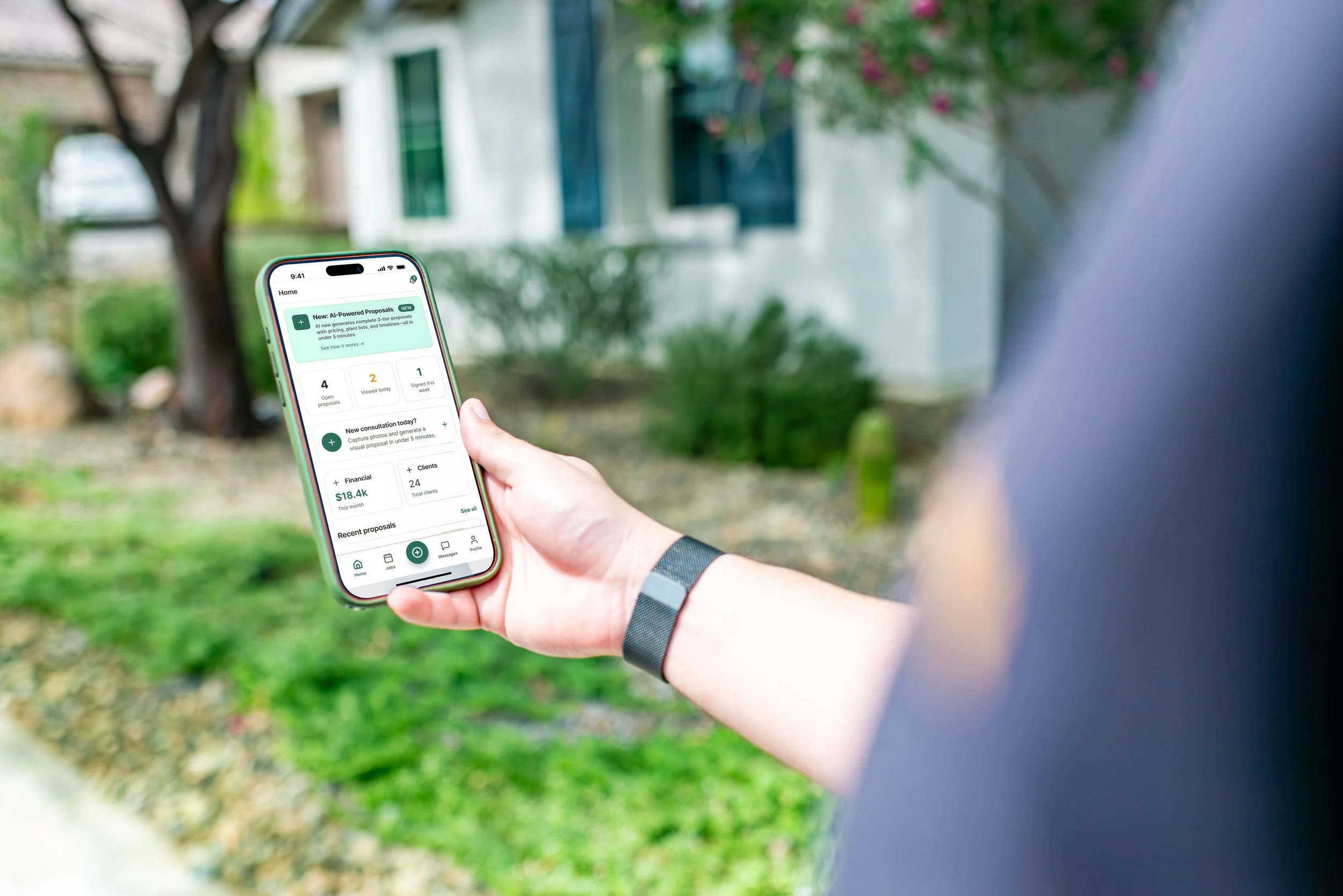 CurbReady mobile app dashboard featuring a financial summary, client list, and the option to generate a new proposal.