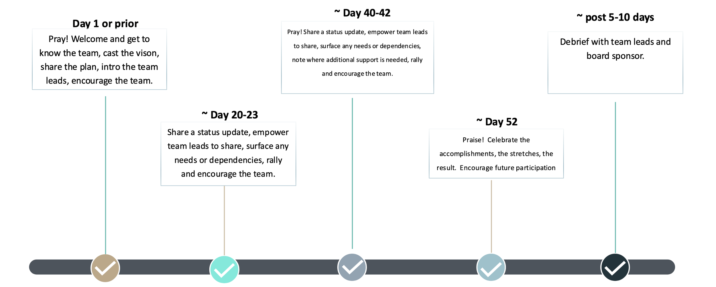 Project timeline with key activities from day 1 to post 5-10 days.