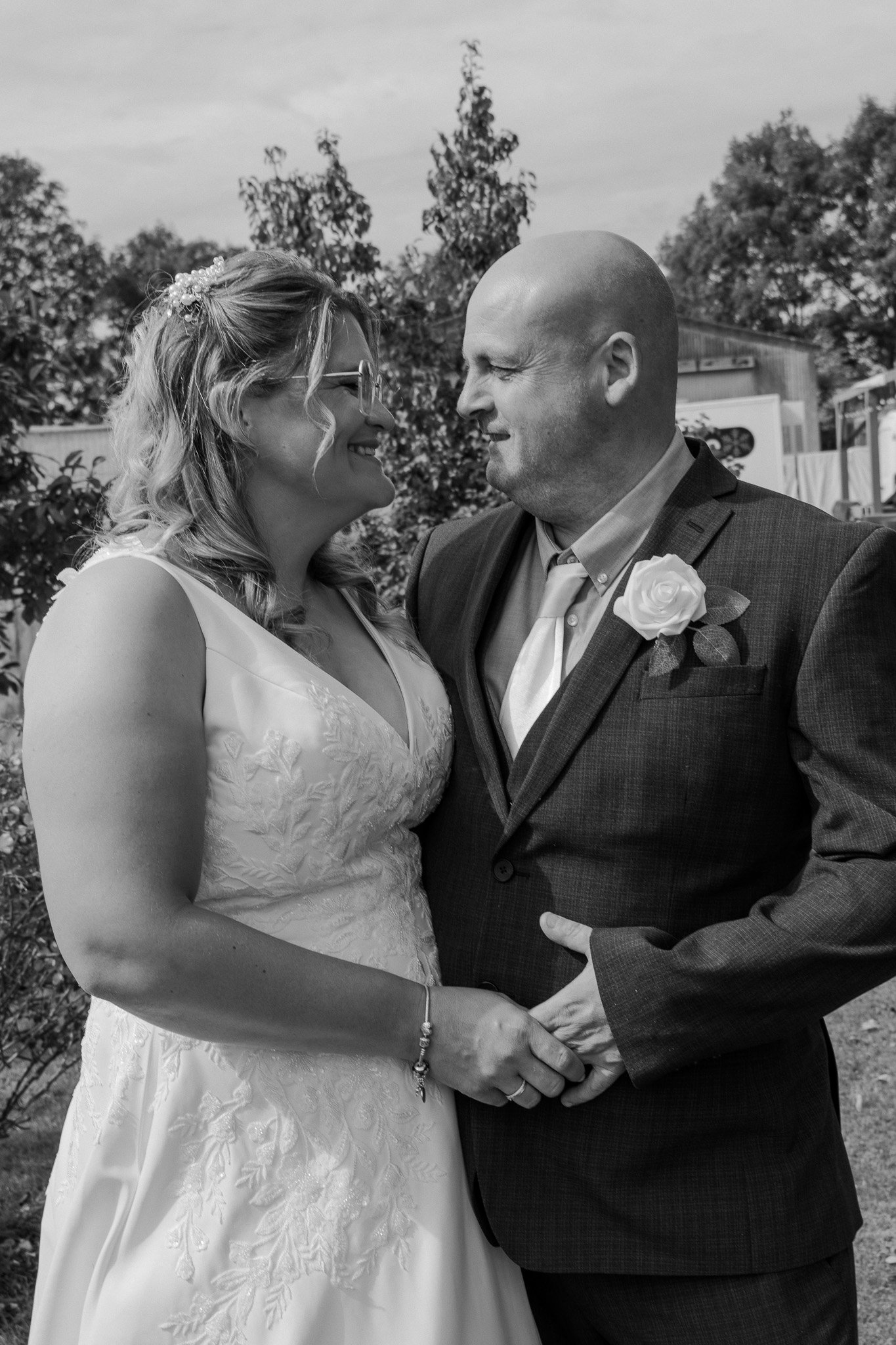 black and white photo of bride and groom