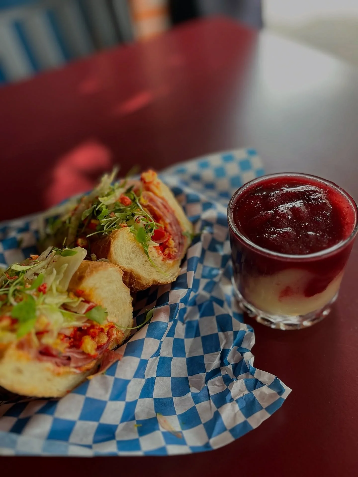 Oh hey is that the late night happy hour special featuring the Spicy Boi from @rumble_belly_sandwiches and a delicious margarita with blackberry pur&eacute;e right out of the slushy machine? You bet your booty it is. 

8pm - close, $13 for the sando 