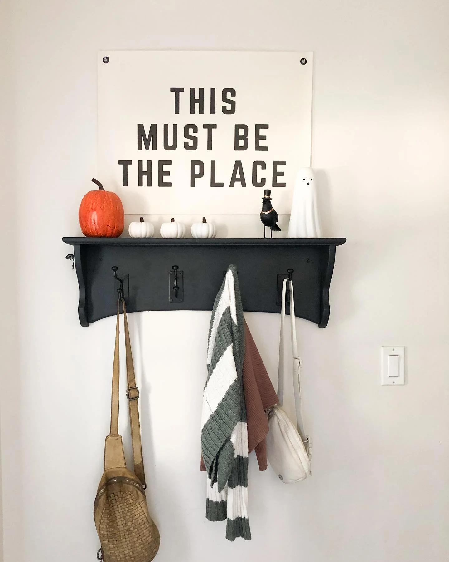 Boo 👻 
I&rsquo;m still sooo happy with our coat hook transformation! The charcoal makes everything pop. 

One of these days I&rsquo;ll get around to taking the 2 minutes to touch up the wall there! 🙈
.
.
.
.
.
#coathooksofinstagram #halloweendecor 