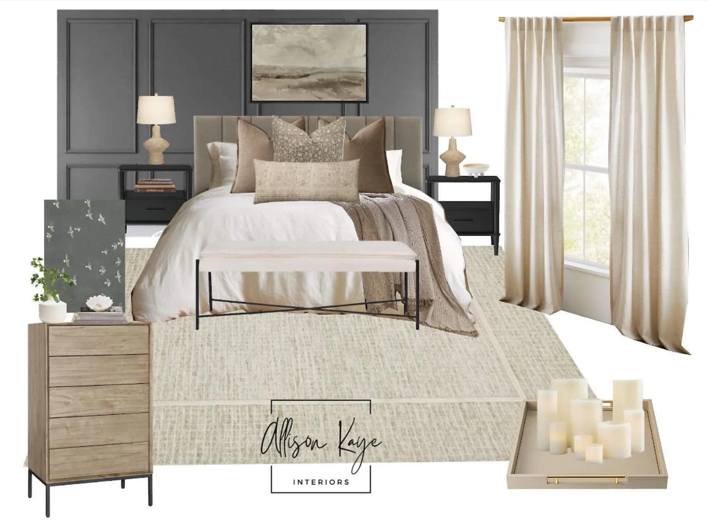 Who doesn&rsquo;t love a classic modern bedroom with some moody accents 🤍 

This is a design from last week for a customer&rsquo;s primary bedroom and I love the way it came together!
.
.
.
.
.
.
#bedroomdesign #primarybedroom #moodboard #classicmod