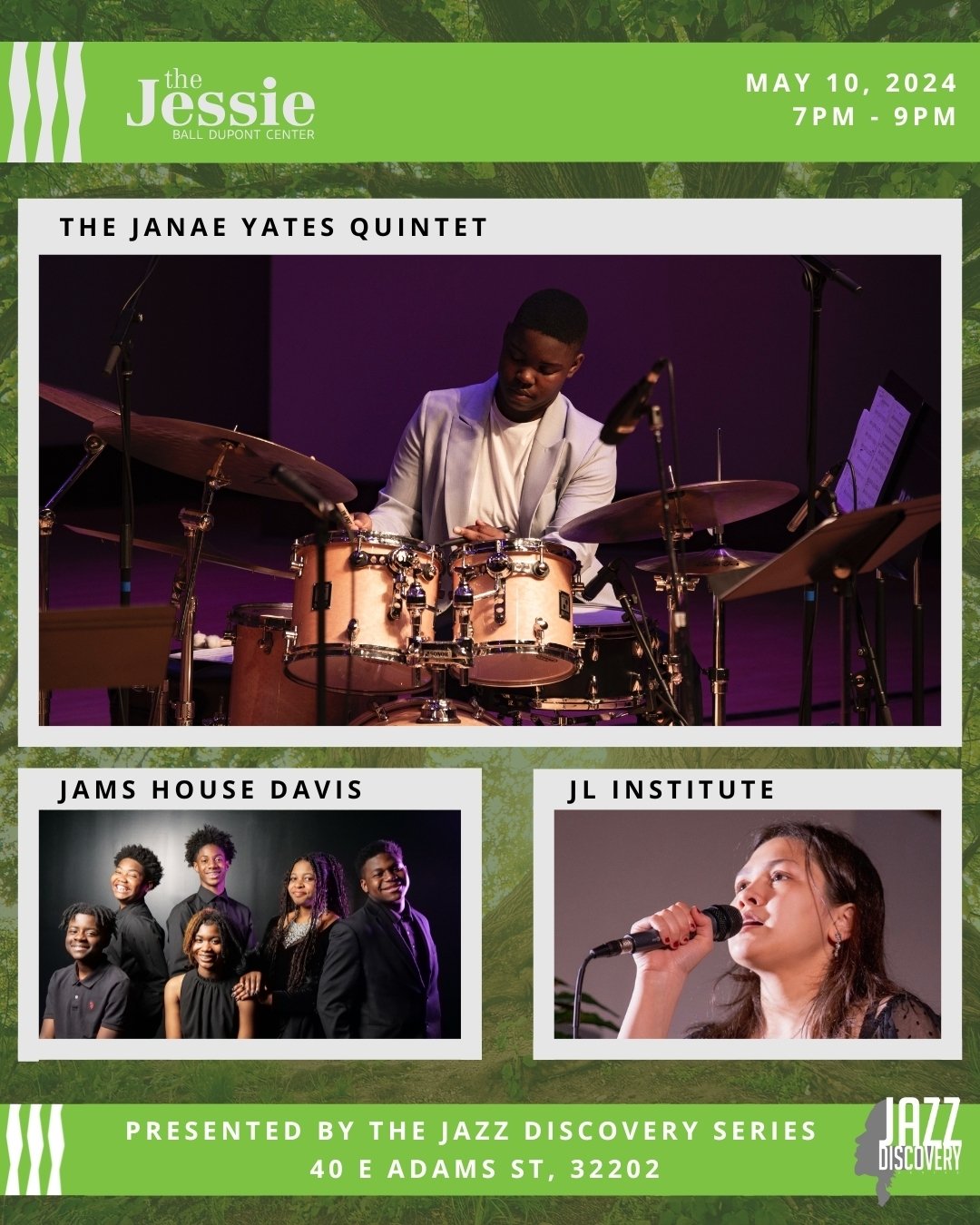 The Jazz Discovery Series presents Jazz at The Jessie featuring Janae Yates Quintet, the JL Institute featuring Courtney Dantzler, and Jacksonville Arts &amp; Music School (JAMS)! Janae Yates, a jazz percussionist and Florida native brings a mix of s