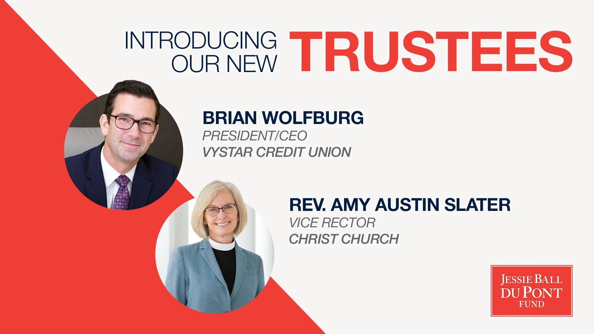 Jessie Ball duPont Fund Names Brian Wolfburg and The Rev. Amy Austin Slater to Board of Trustees