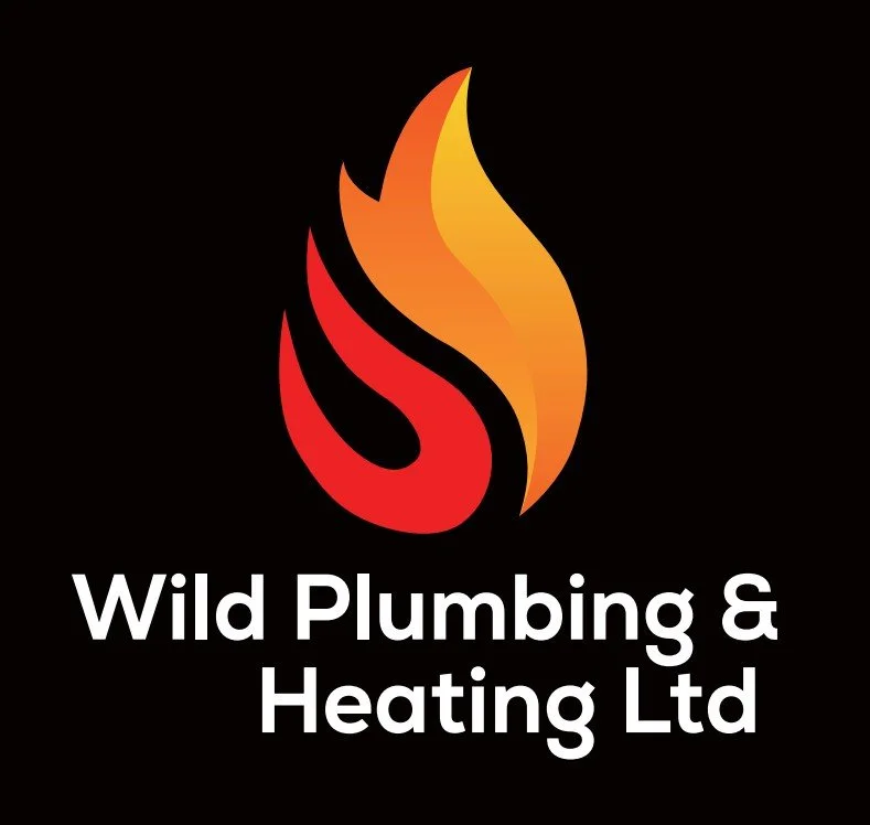 Logo of Wild Plumbing & Heating Ltd with a flame icon in red, orange, and yellow on a black background and white text.