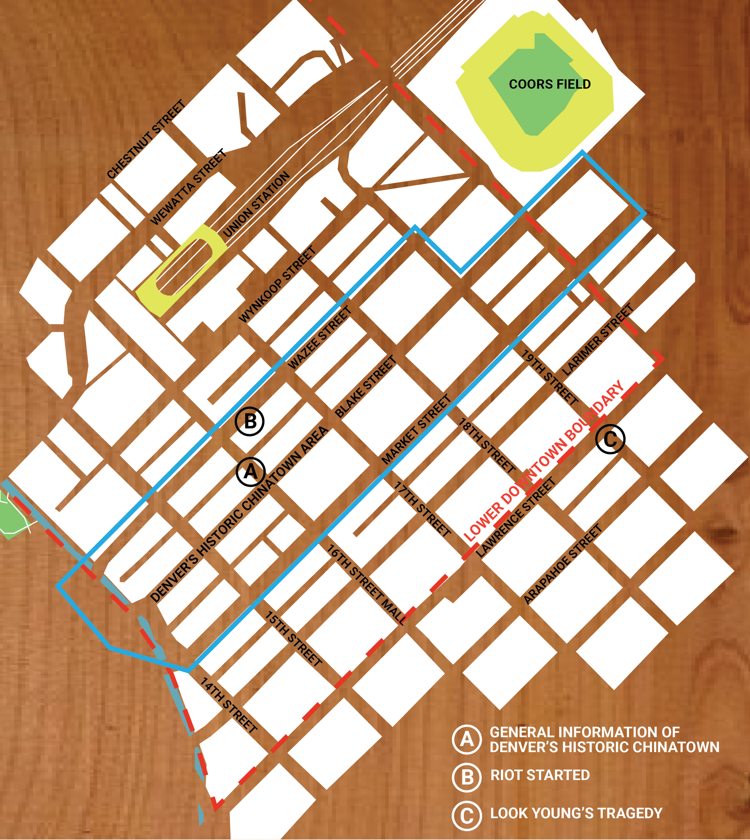 Visual of a map displaying the borders of where Denver's Historic Chinatown used to stand