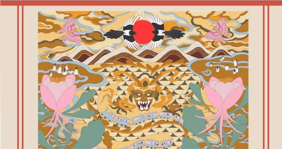 Mural created by Korean American artist Cory Feder, Her mural illustrates movement and migration by Asians and Asian Americans