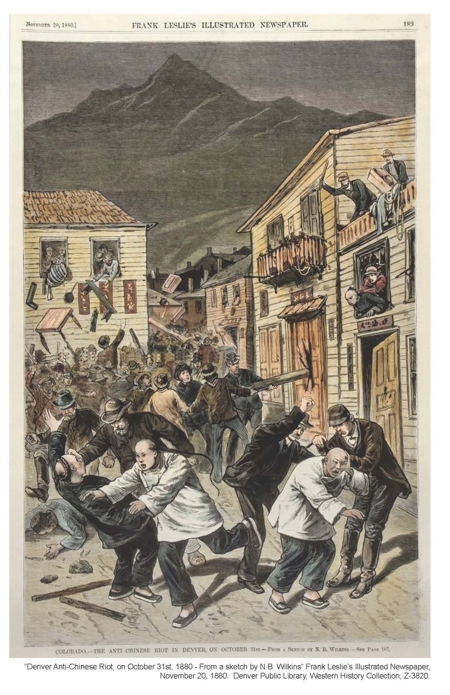 A sketch from 1880 depicting what Denver's Anti Chinese riot looked like. Lots of violence and destruction