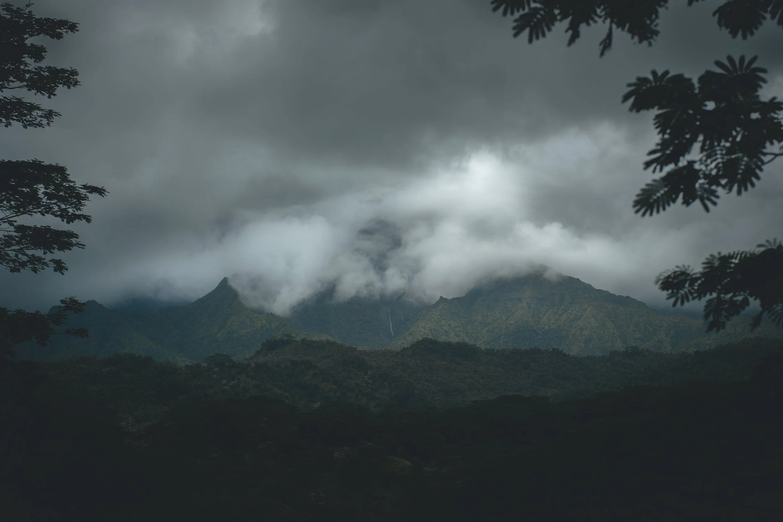 Cloud-covered mountains with lush green peaks and dark cloudy sky, framed by tree branches.
