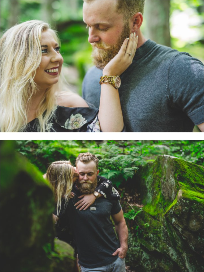 A couple sharing an intimate moment outdoors. In the first photo, the woman gently touches the man's face as they gaze into each other's eyes. In the second photo, the woman kisses the man's cheek while he smiles, surrounded by lush greenery and moss