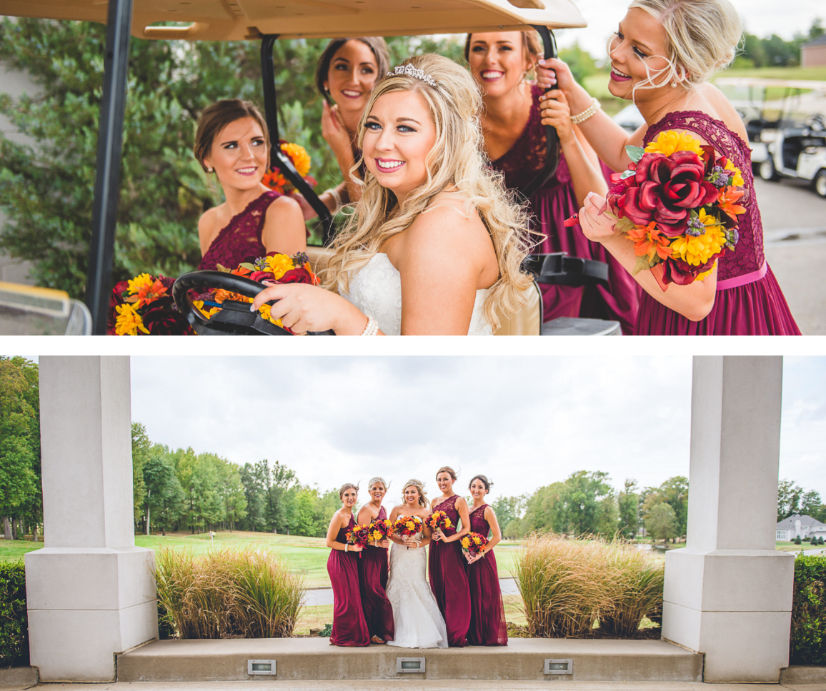 Bride sitting in golf cart surrounded by her bridesmaids, all smiling and holding bouquets, at a wedding. Bridesmaids in burgundy dresses. Bridal party standing outdoors beneath an archway, with trees and cloudy sky in the background, holding bouquet