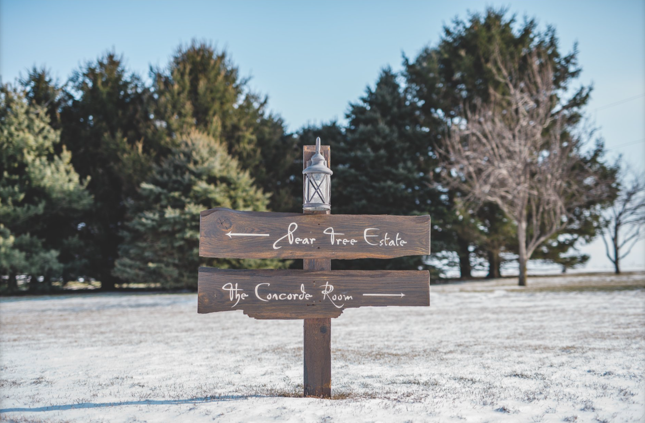 Wooden directional signs on a post indicating the way to Near Tree Estate and the Concorde Room, with a lantern on top, set in a snowy outdoor landscape with trees in the background.