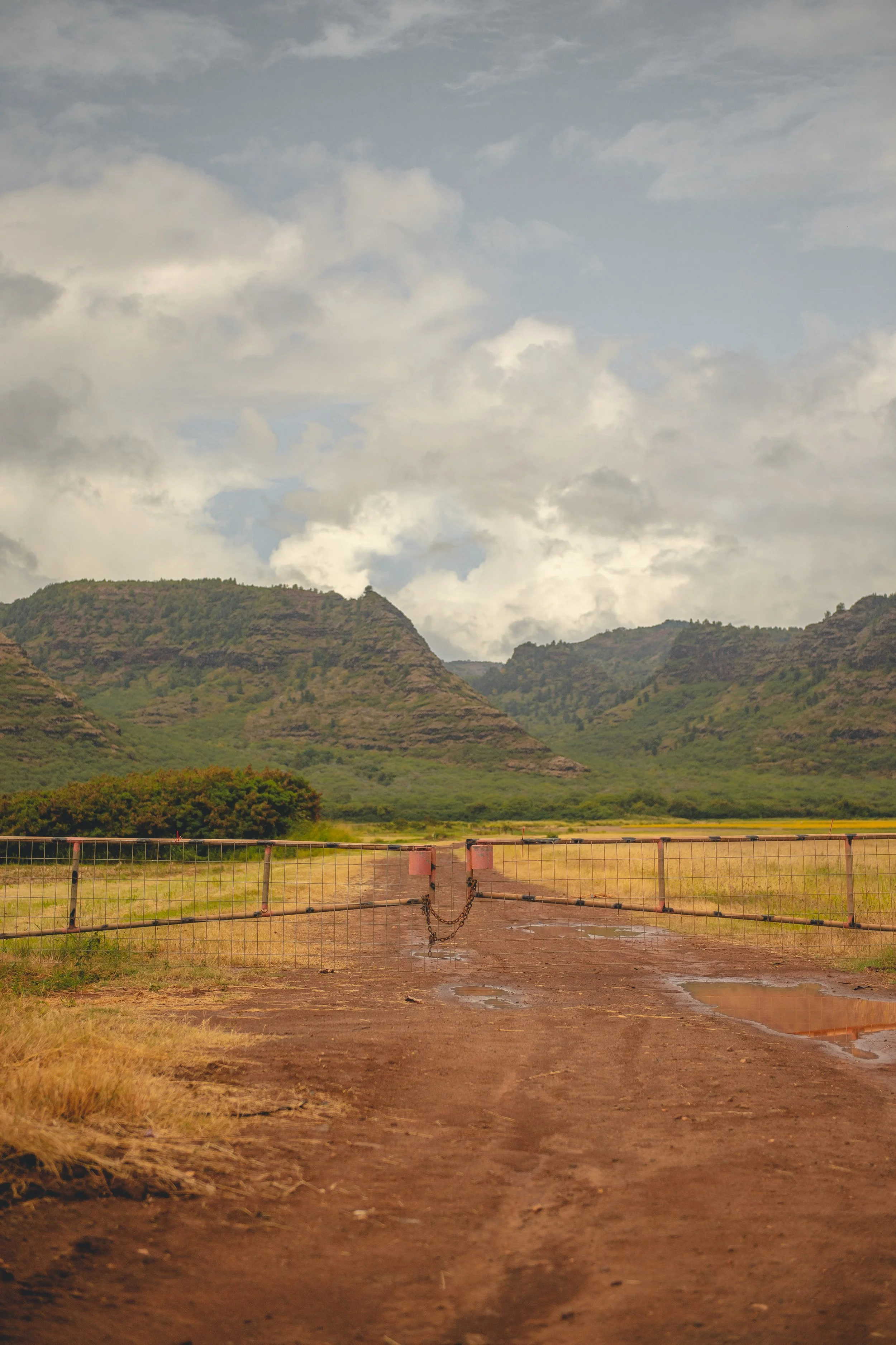 A dirt road with puddles leading to a closed, chain-linked gate in a rural landscape, with green hills or mountains in the background under a cloudy sky.