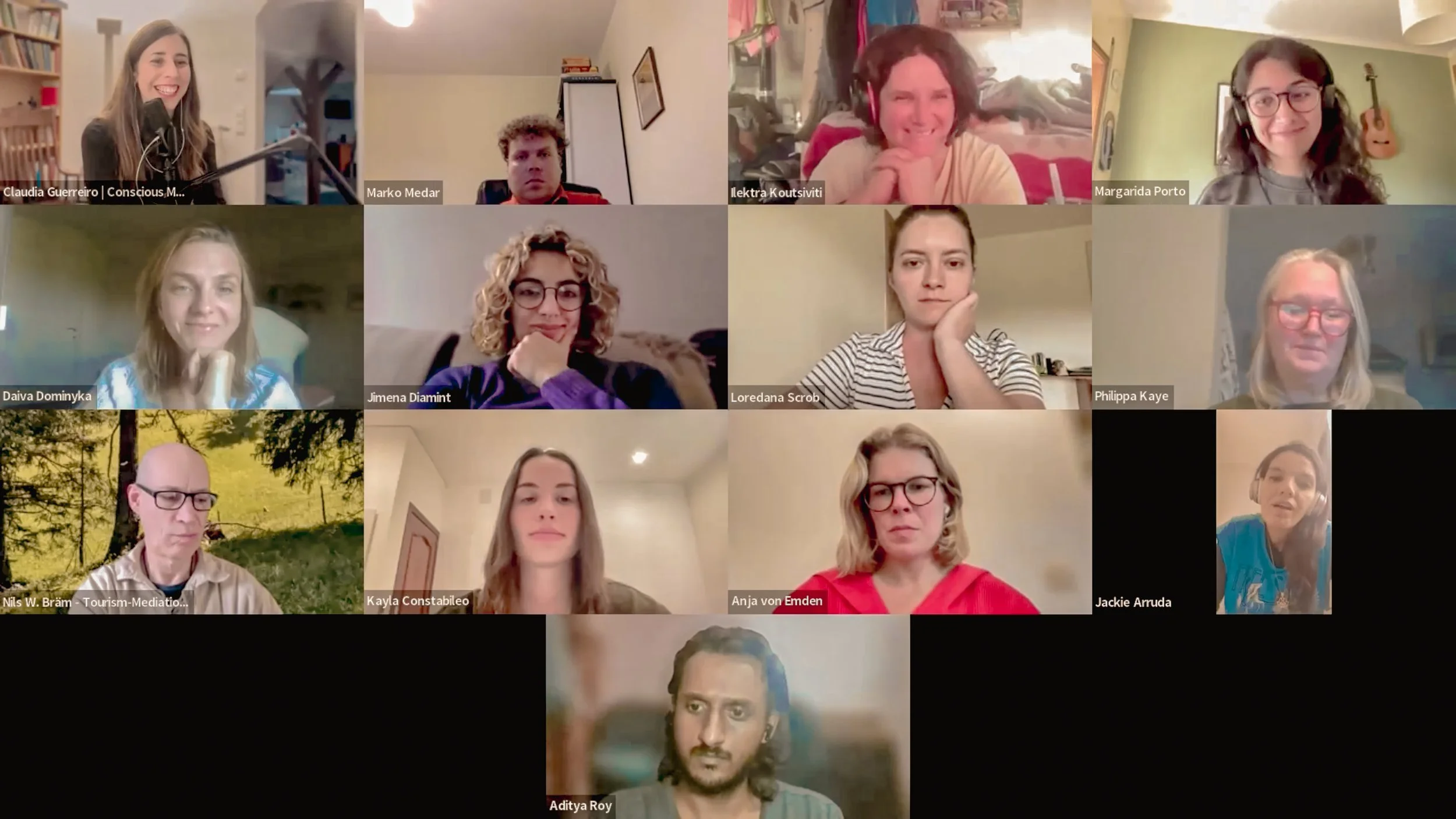 Screenshot of a virtual meeting with multiple participants, mostly women, in a grid layout, each in their own home or outdoor setting.