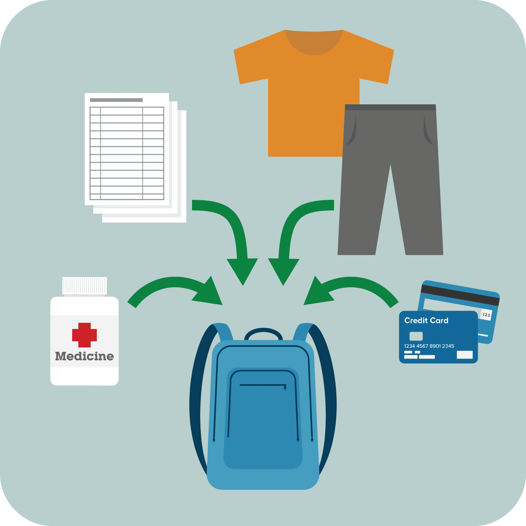 Illustration of important items being put into a backpack such as clothes, credit cards, documents, and medications