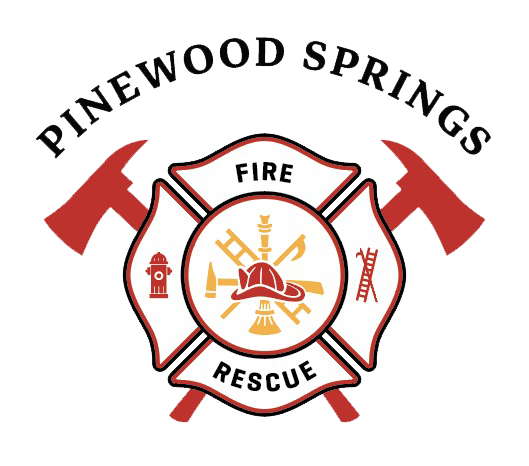 Pinewood Springs Fire Rescue emblem with a firefighter helmet, ladder, axe, and fire hydrant, flanked by two red axes, and the text 'Pinewood Springs Fire Rescue'.