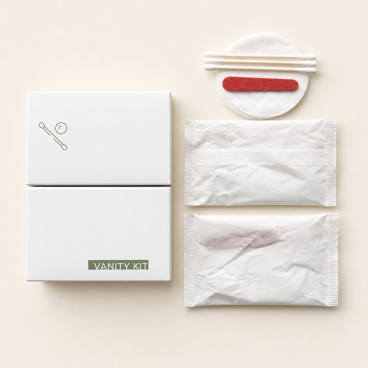 Hotel vanity kit with cotton swabs, cotton pads, a red nail file, and individually wrapped toiletries