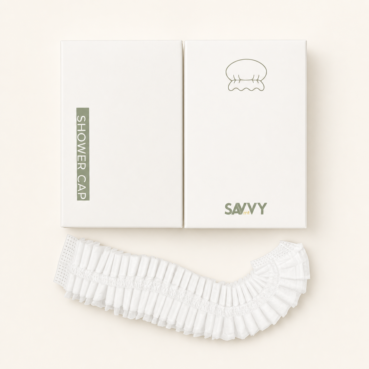 Savvy shower cap packaging with a white ruffled elastic shower cap displayed below