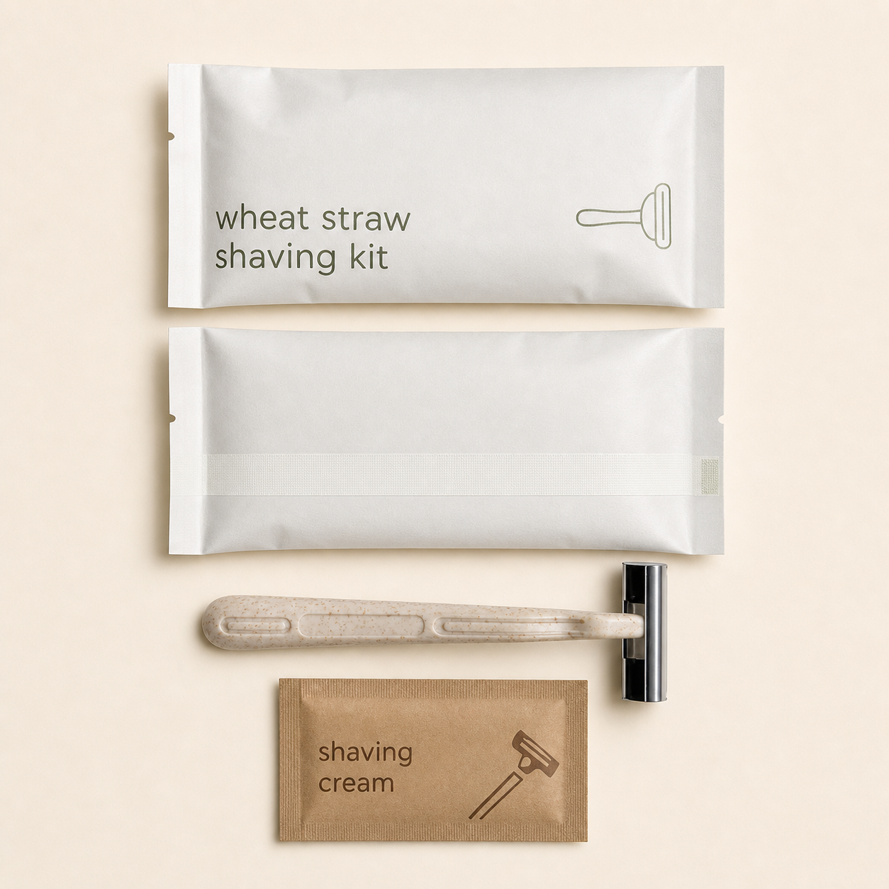 Wheat straw shaving kit with reusable razor, white packaging, and shaving cream packet