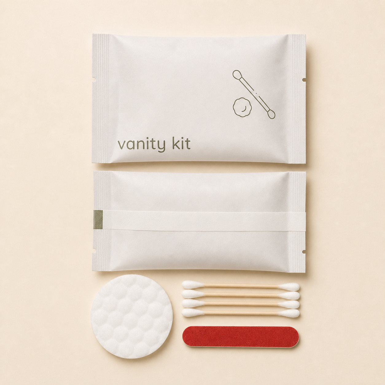 Vanity kit with cotton swabs, round cotton pad, red nail file, and white packaging on a beige background