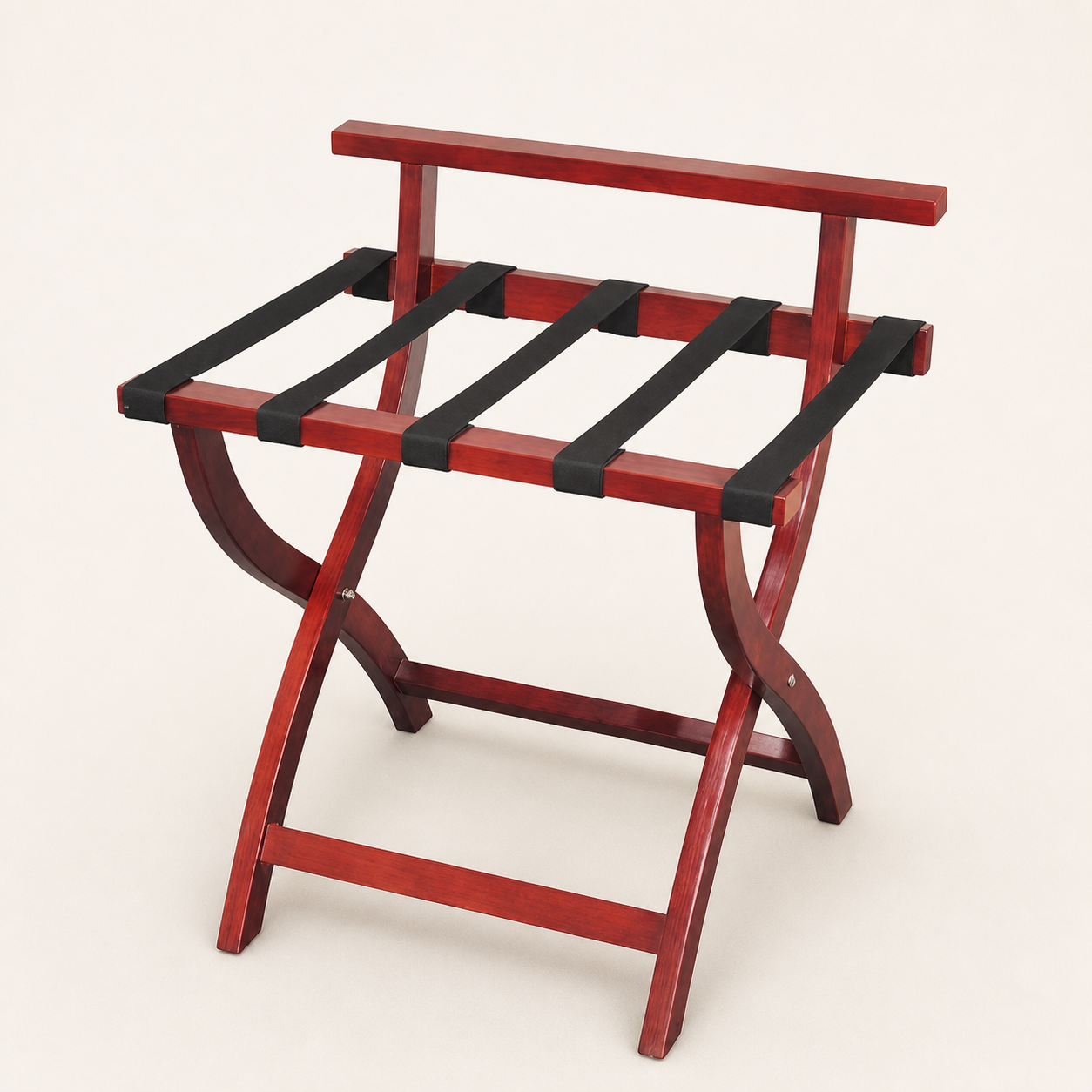Red wooden folding luggage rack with black fabric straps