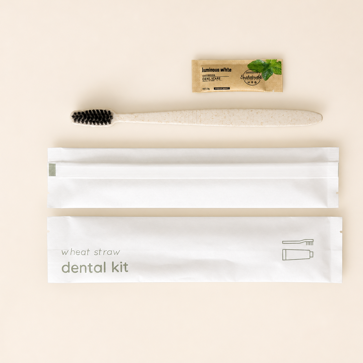 Wheat straw dental kit with toothbrush and toothpaste sachet in eco-friendly packaging