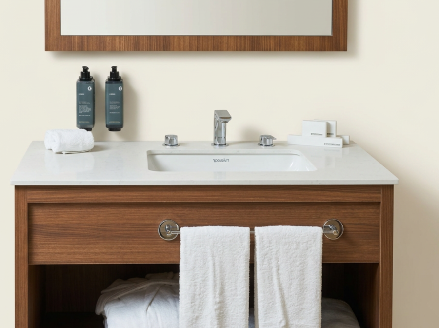 Modern wooden bathroom vanity with white countertop, undermount sink, towels, soap dispensers, and toiletries