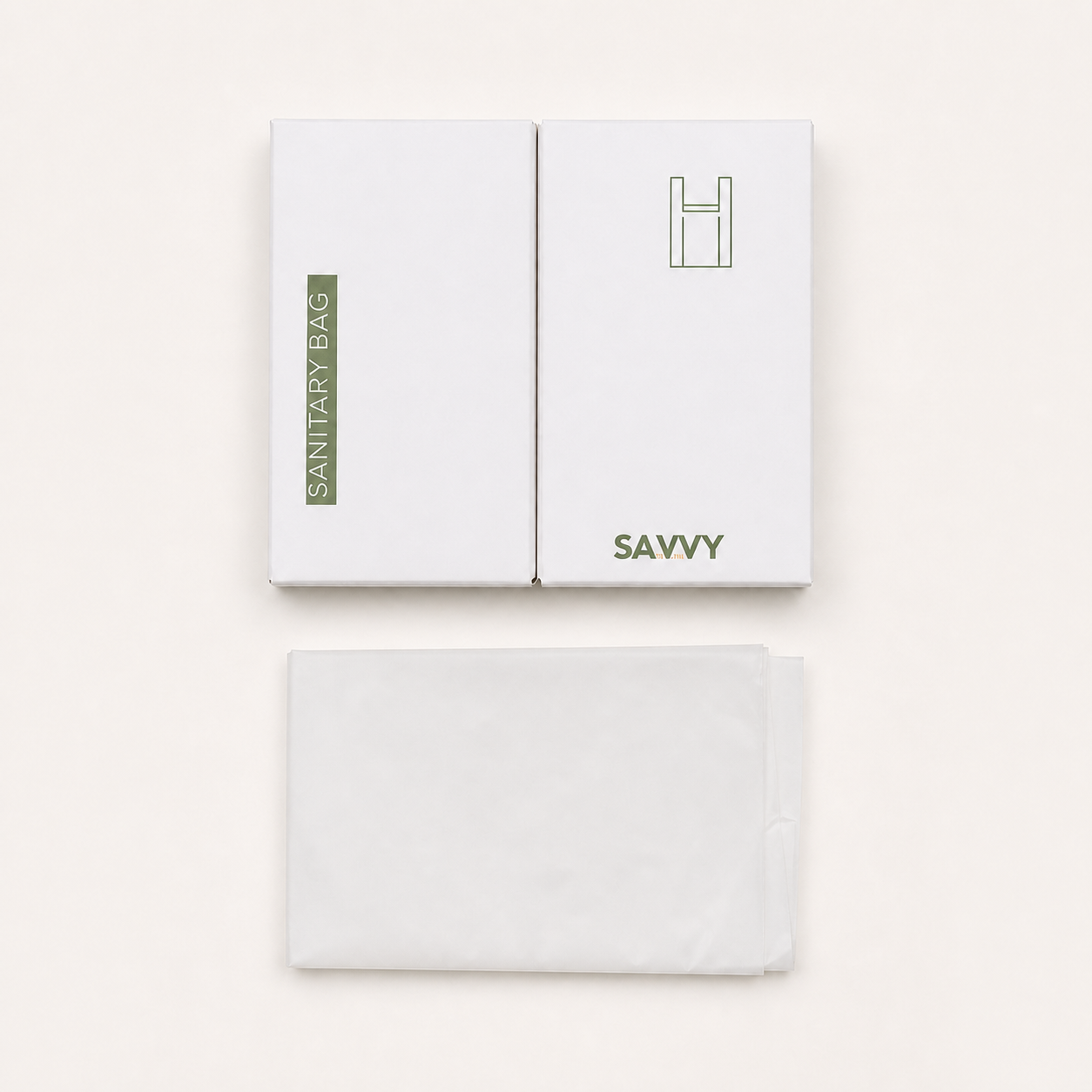 Savvy sanitary bag packaging with a white disposable sanitary bag displayed below