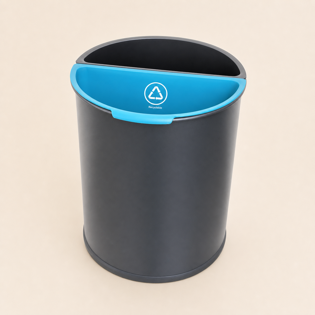 Black recycling bin with a bright blue rim and recyclable symbol