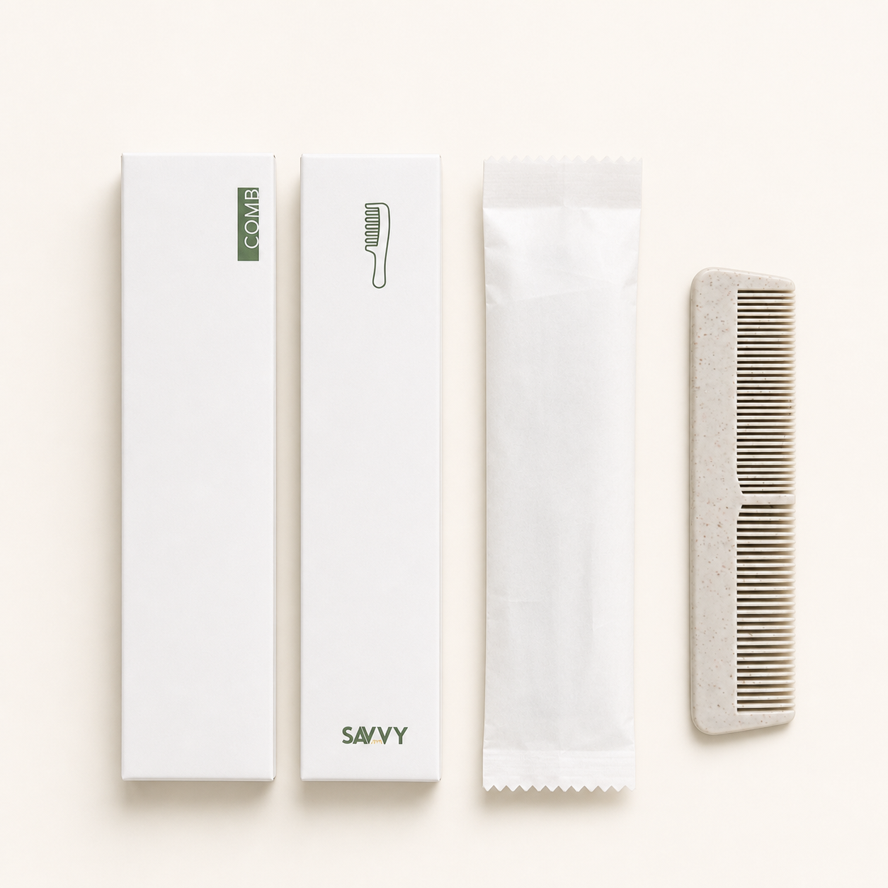 White comb packaging, sleeve, and speckled beige hair comb arranged on a light background