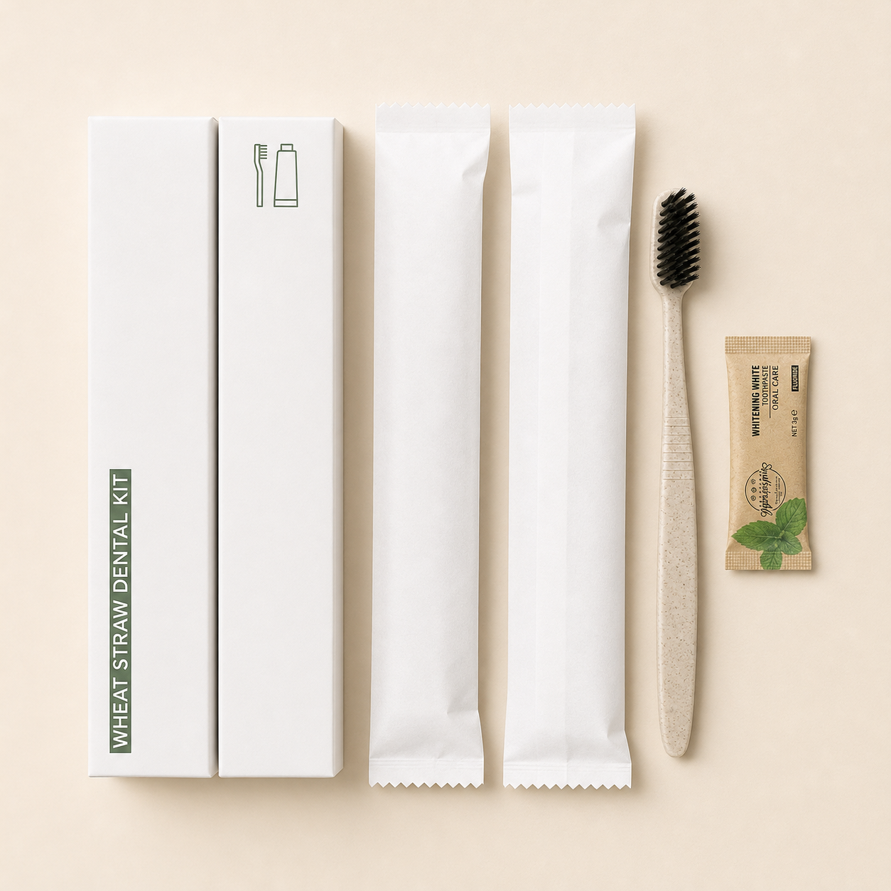 Wheat straw travel dental kit with toothbrush, toothpaste, and two white-packaged accessories