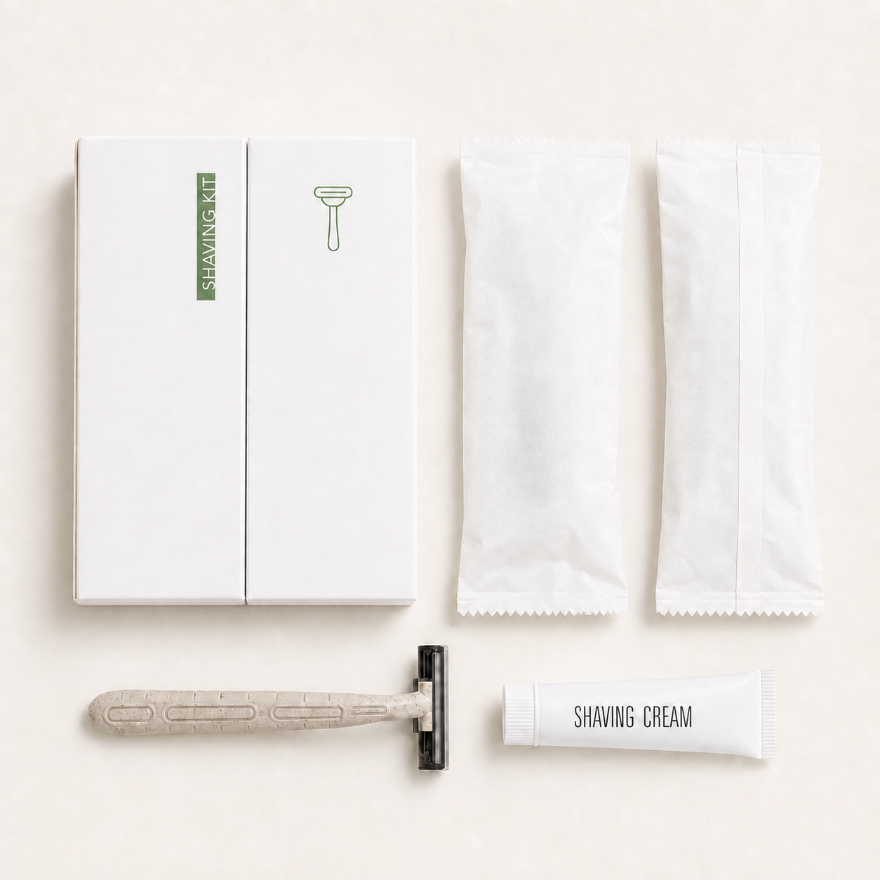 Shaving kit with razor, shaving cream tube, and individually wrapped accessories