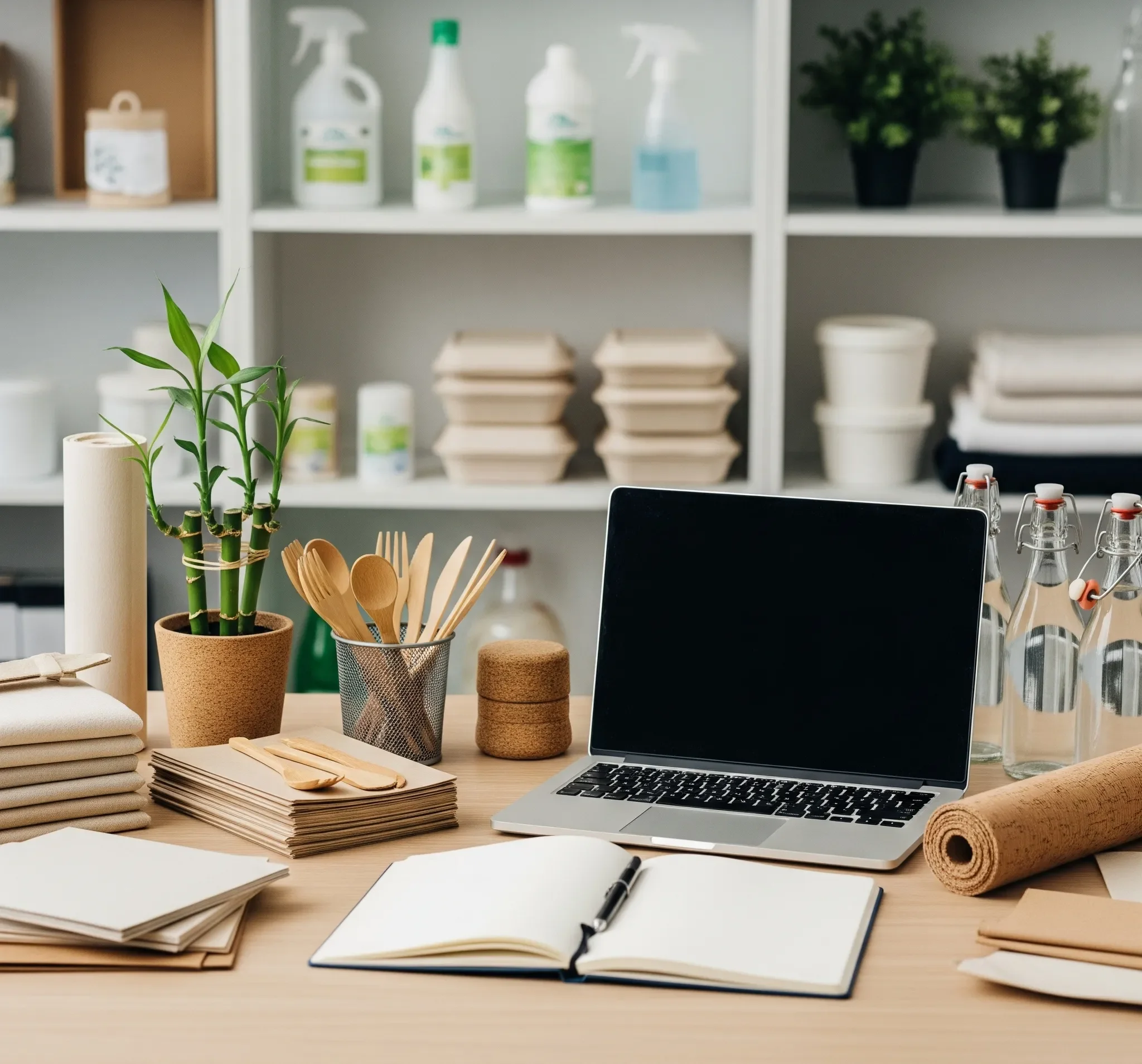 Desk with a magnifying glass, black notepad, white sticky notes, pencil, and paper organizer.