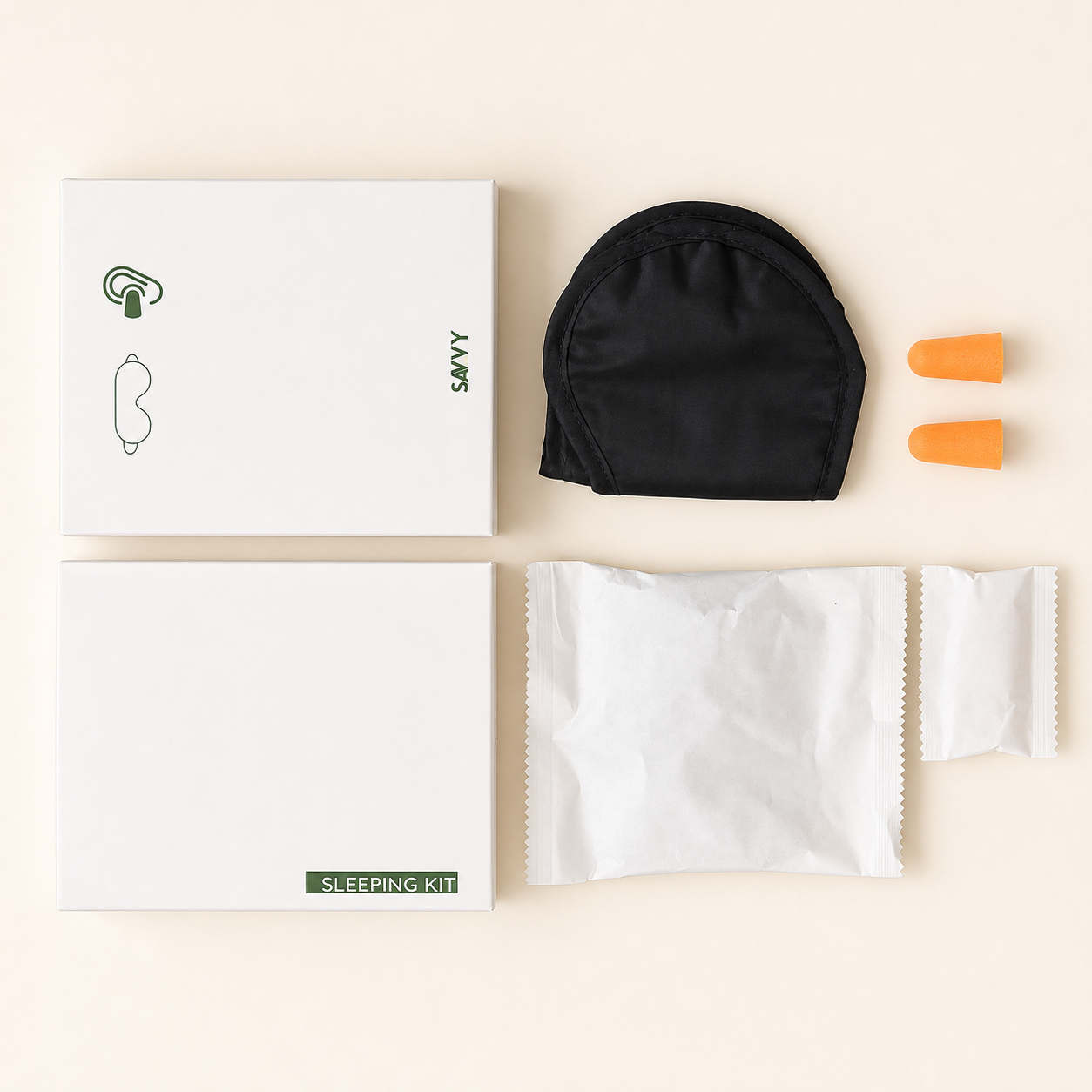 SAVVY sleeping kit with black sleep mask, orange earplugs, and white packaged accessories