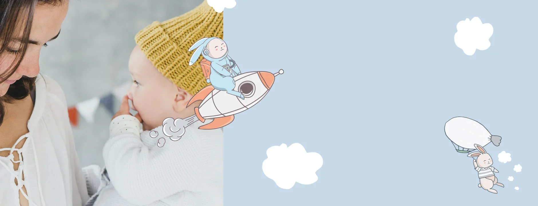 Mother and baby in a yellow knit hat beside playful cartoon bunny astronaut and flying bunny illustrations