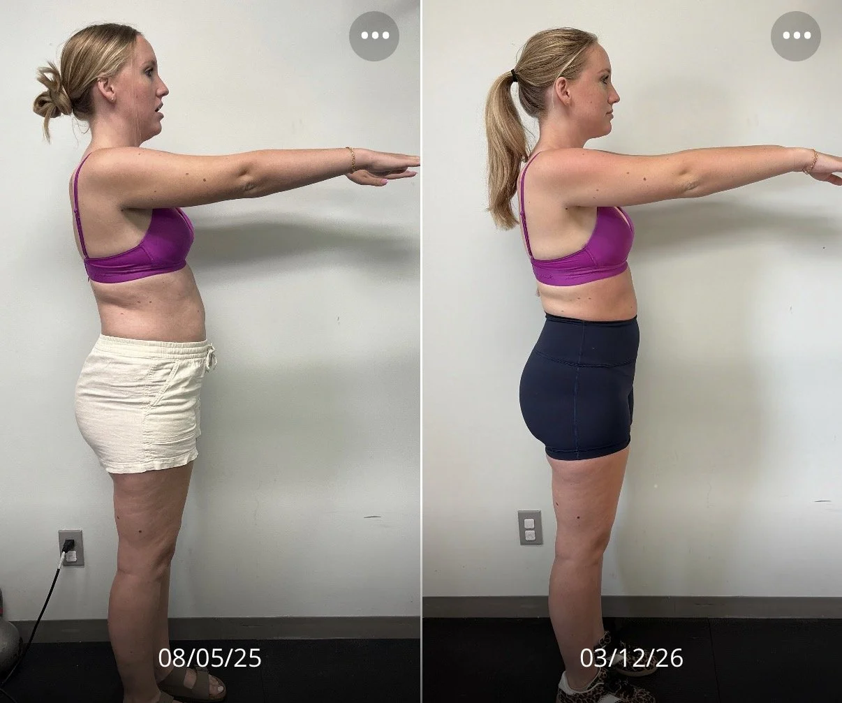 Side-by-side comparison of a woman before and after a fitness transformation. In the first image, dated 08/05/25, she has a softer physique and is wearing a purple sports bra and beige shorts. In the second image, dated 03/12/26, she appears more toned with a more defined physique, wearing a purple sports bra and black shorts. She has a different hairstyle in each photo. Both images show her standing in profile against a plain white wall.