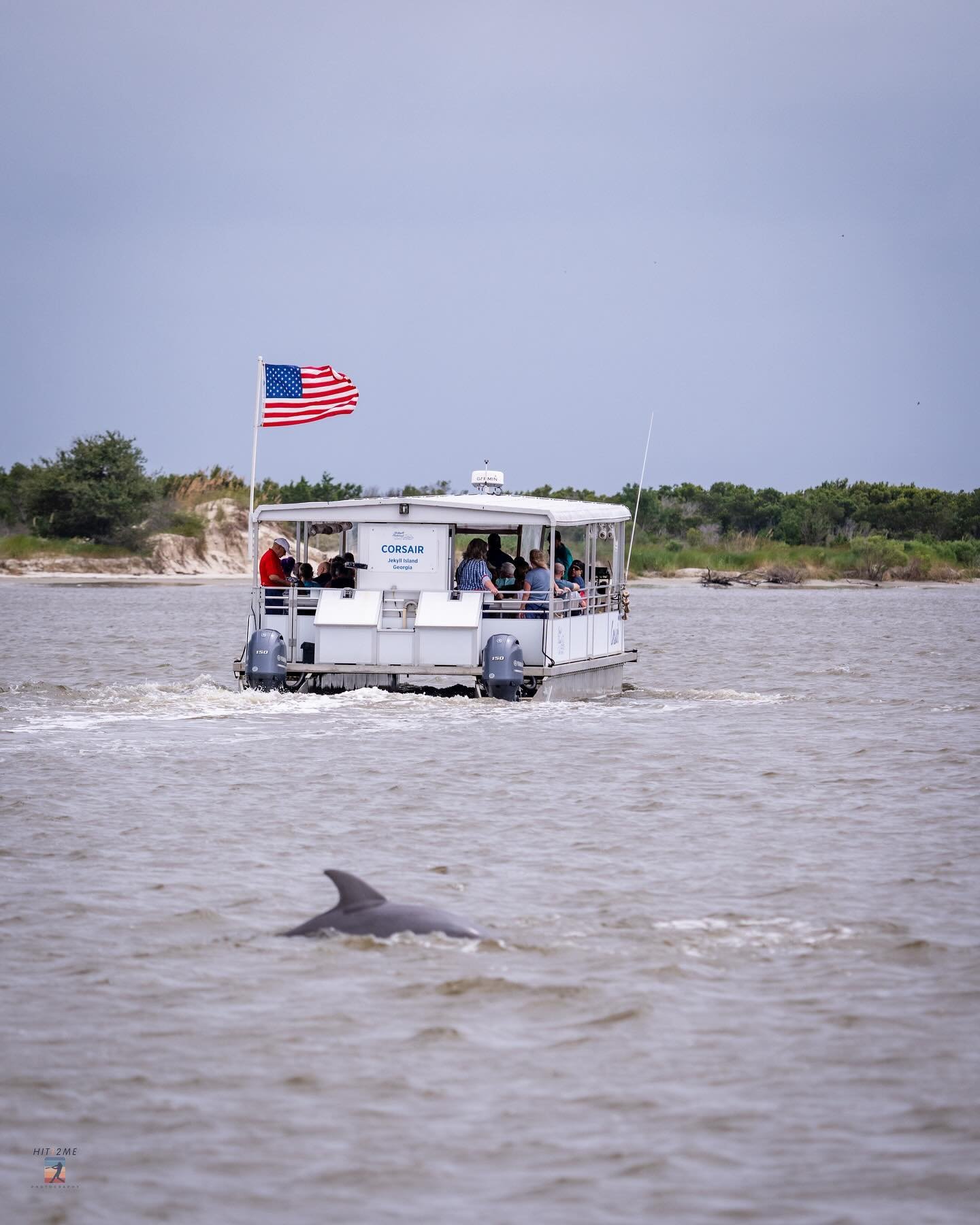 A couple of weeks ago I went on a Dolphin Tour on #jekyllisland 

We were able to see plenty of Dolphins that cloudy and windy day.  They are super hard to take a photo of!  I was fortunate to get this photo of the other boat that was out with us and