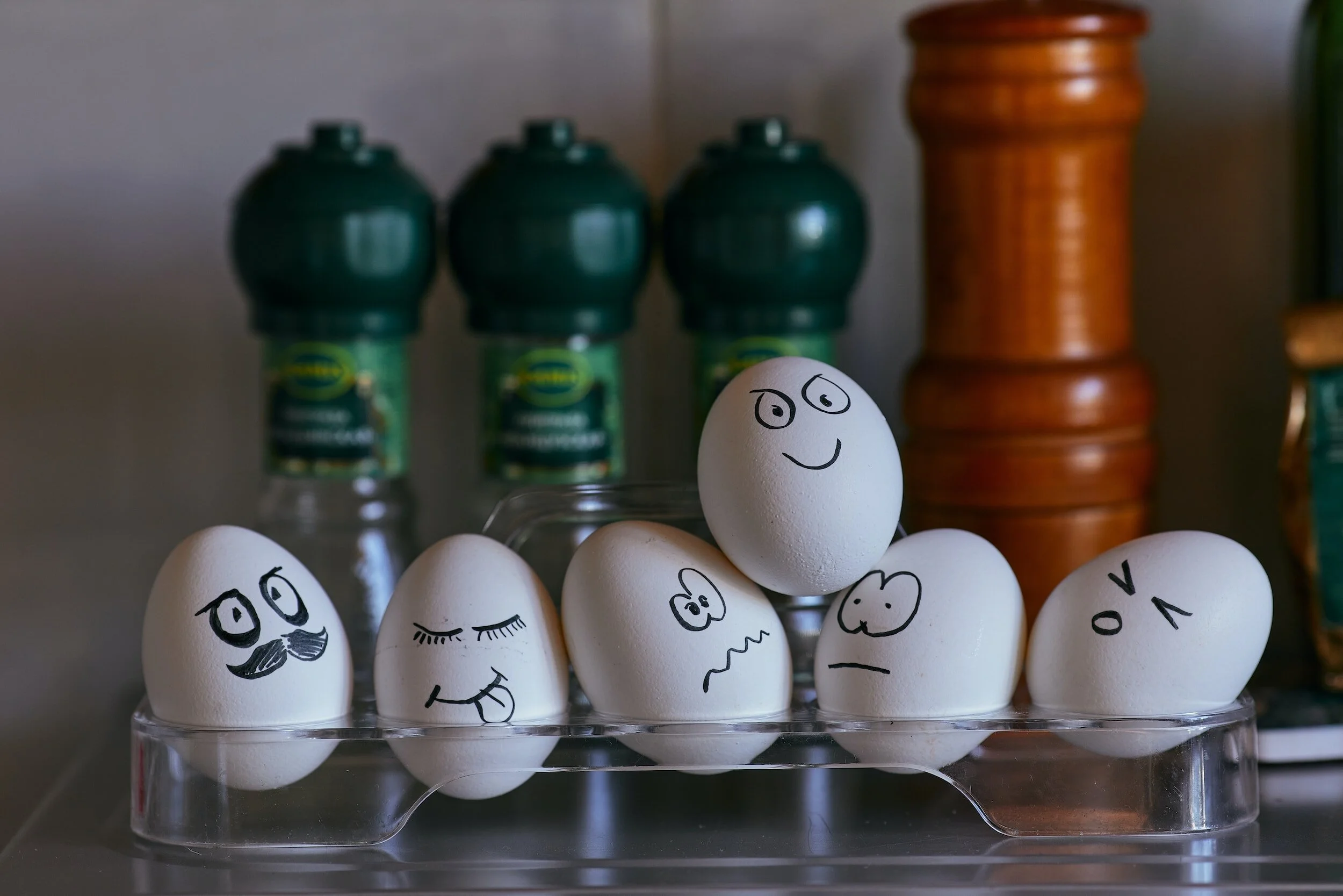 Eggs with hand-drawn facial features and emotional expressions.