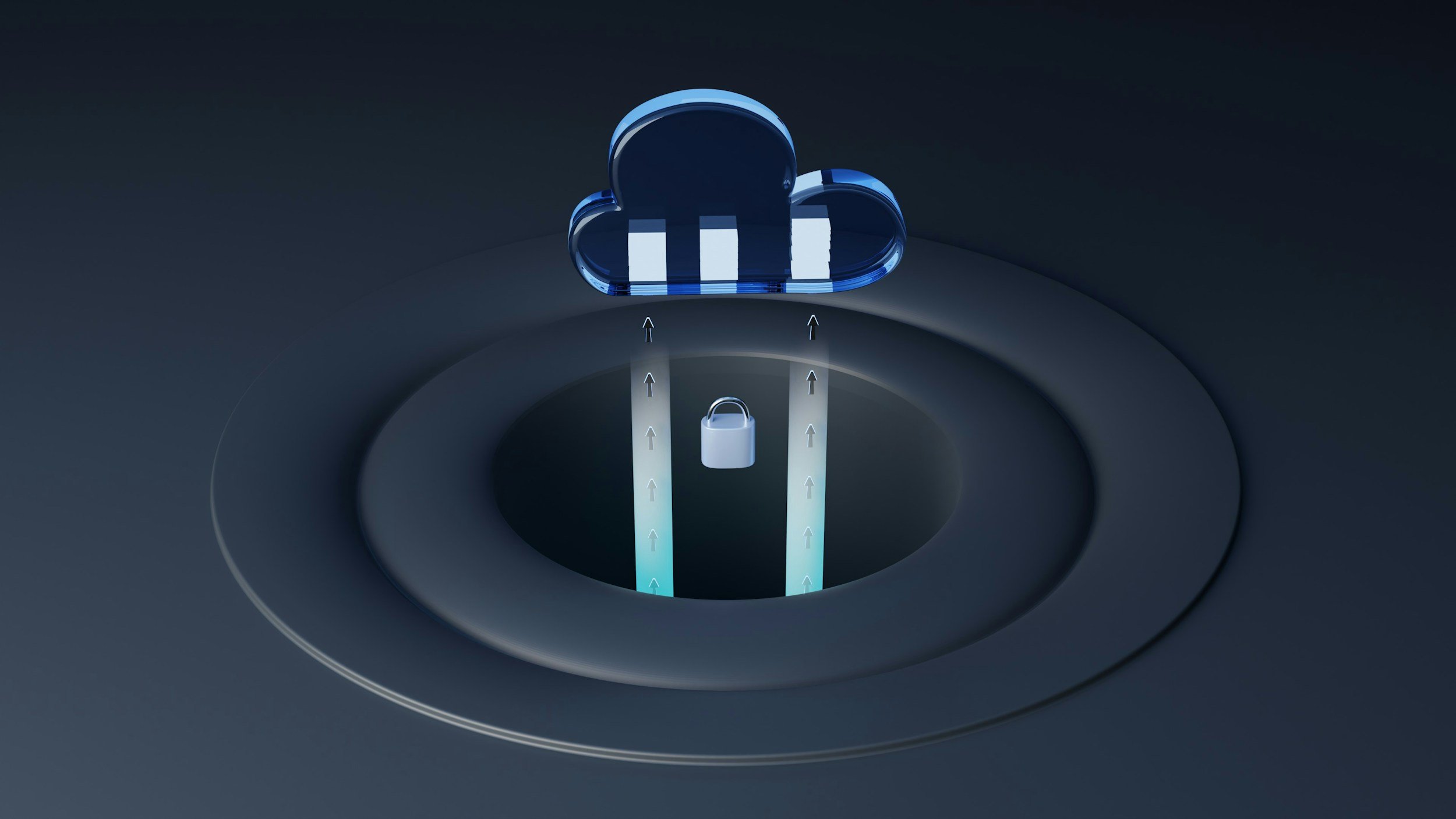A digital illustration depicting cloud storage with a cloud icon at the top, arrows indicating data transfer flowing downward into a padlock at the bottom, symbolizing secure cloud data transfer.