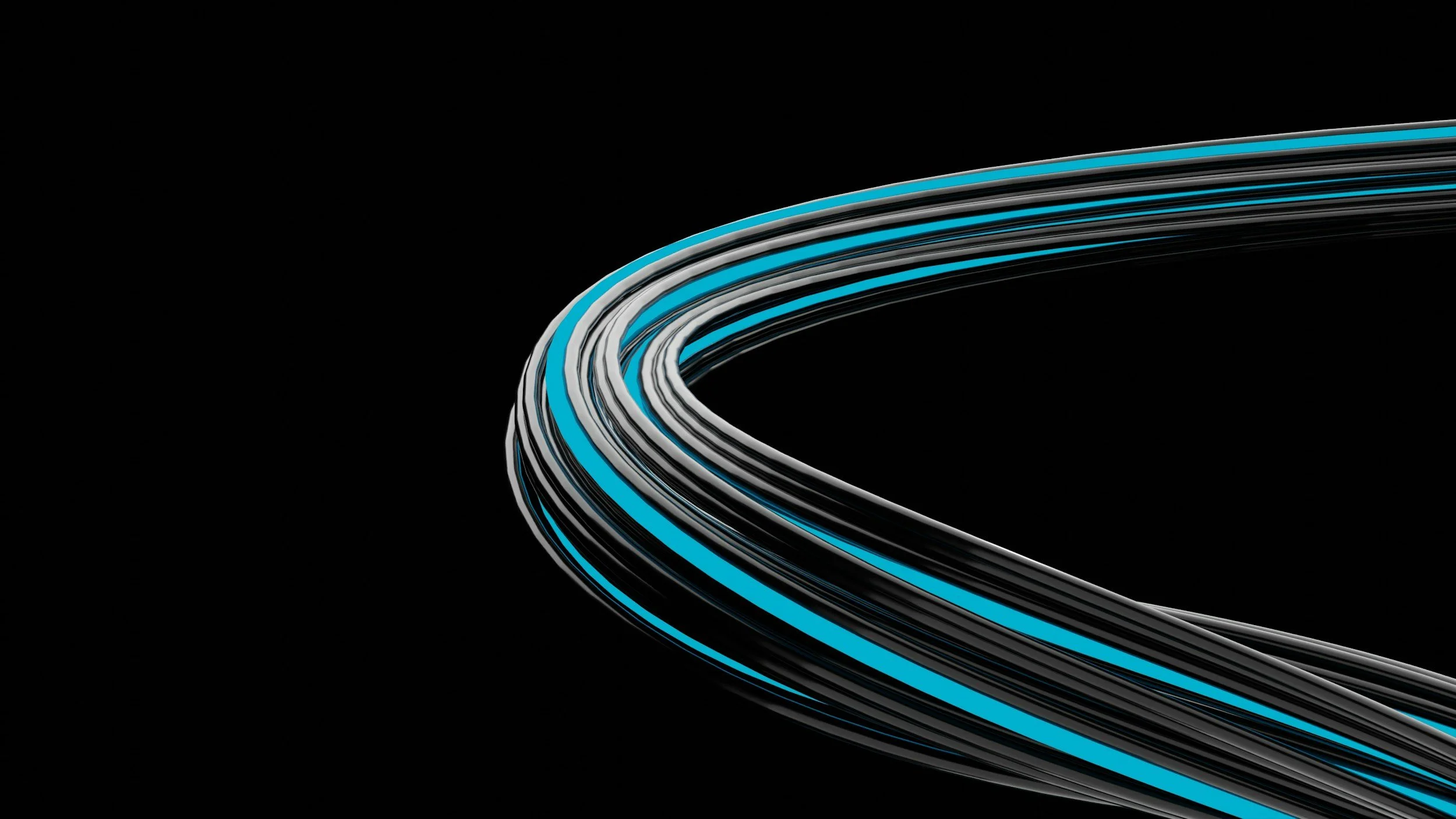 Abstract digital art of curved black, white, and blue lines against a black background.