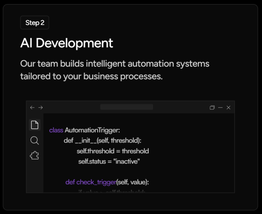 Slide titled 'AI Development' with a code snippet and description about building intelligent automation systems for business processes.